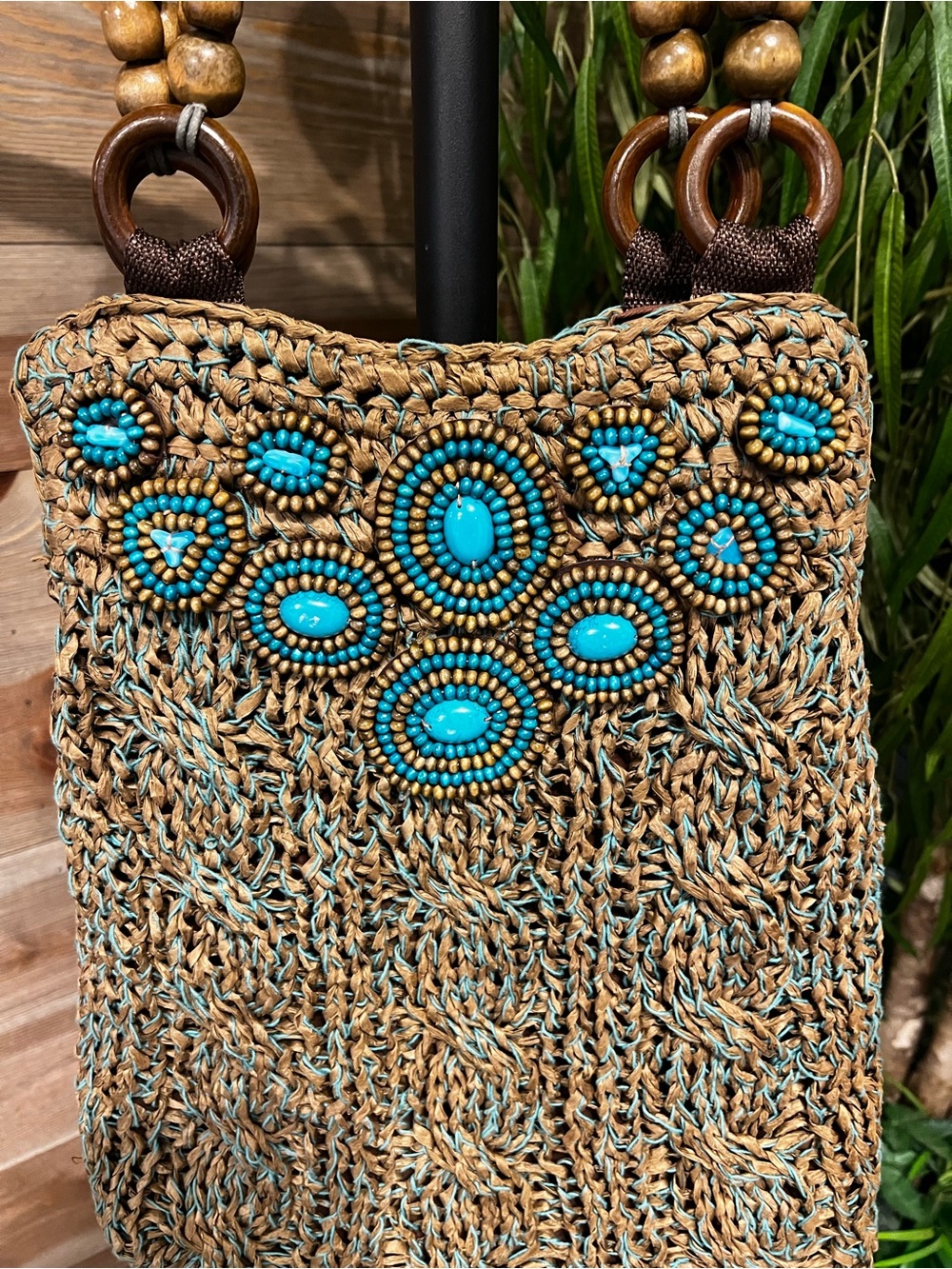 Chico’s rattan and turquoise woven bag. - Picture 2 of 5